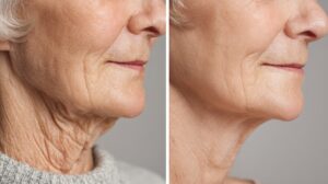 before and after facelift comparison – close up of elderly woman’s lower face and neck showing reduction of double chin and loose skin, emphasizing jawline definition and skin rejuvenation